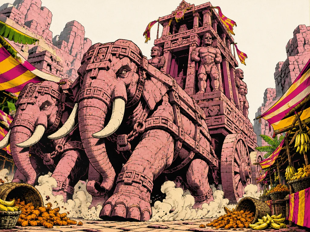 Tuskdrawn ditarik dua gajah batu menembus pasar.